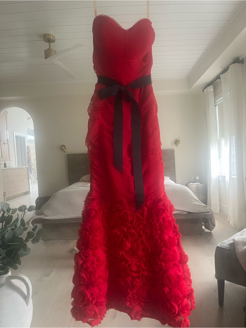 JS Collections Red Strapless Ruffled Gown with Black Sash